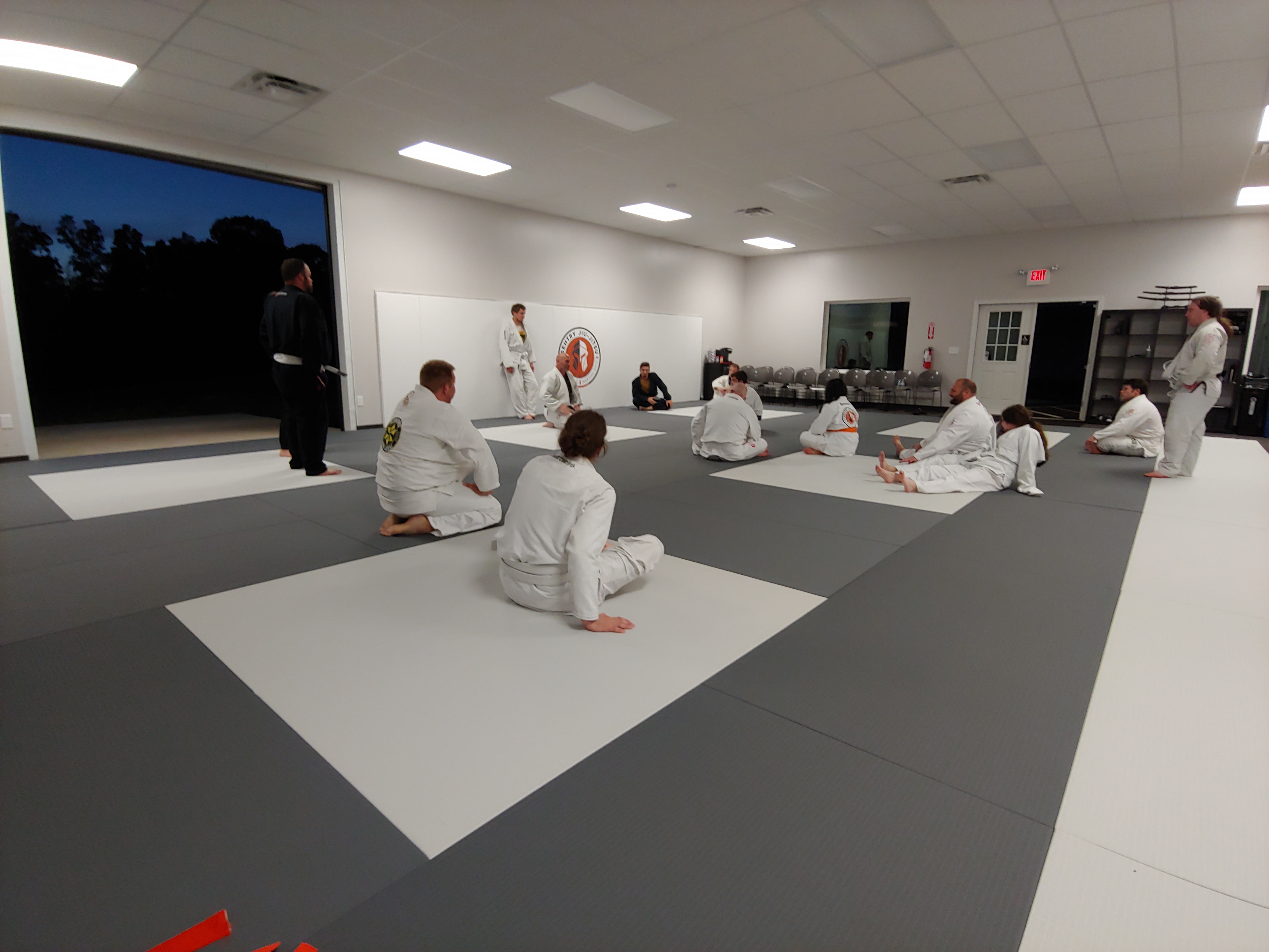 Adult Brazilian Jiu-Jitsu class training on the mats at Sentry Jiu-Jitsu in front of the academy logo